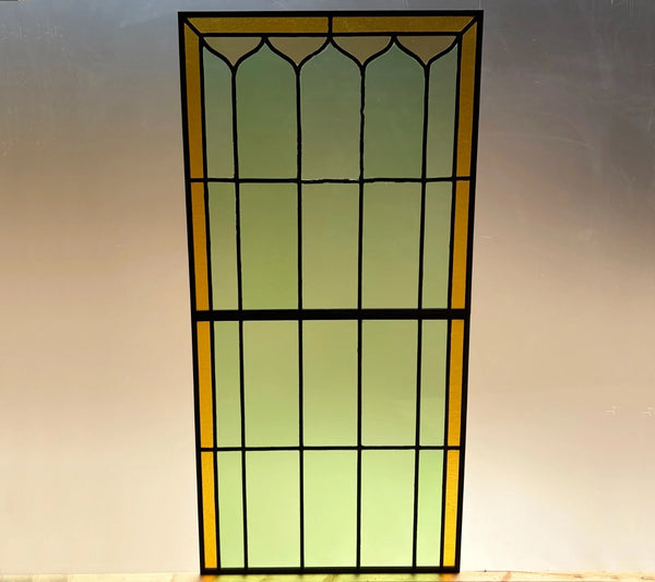 43" Tall Pair of Antique French Stained Glass Window Panels Green & Yellow Glass