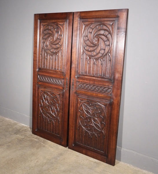 64" Tall Pair of French Antique Neo Gothic Cabinet Doors Solid Oak Wood