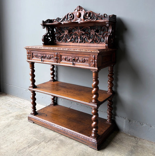 Antique French Renaissance Sideboard/Buffet in Solid Oak Highly Carved Wood