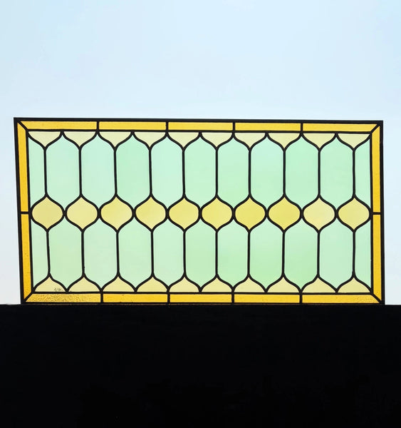 45" Wide French Antique Stained Glass Window Panel with Green & Yellow Glass