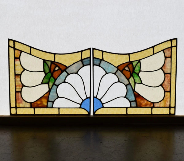 Pair of Vintage French Art Deco Stained Glass Panels with Copper Frames