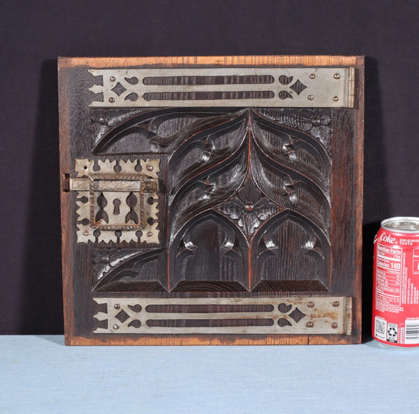 Antique French Solid Chestnut Wood Carved Gothic Door w/Faux Hinges and Latch