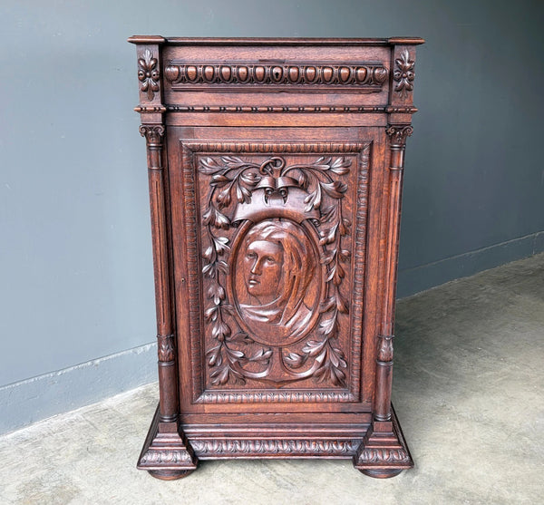 French Antique Solid Oak Wood Cabinet with Highly Carved Virgin Mary Door