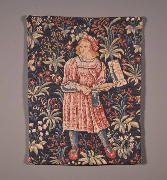 17" Tall Vintage French Hanging Tapestry of a Man After a Mille-Fleurs Piece