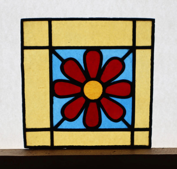 9" Tall Antique French Stained Glass Panel with Flower Leaded Glass