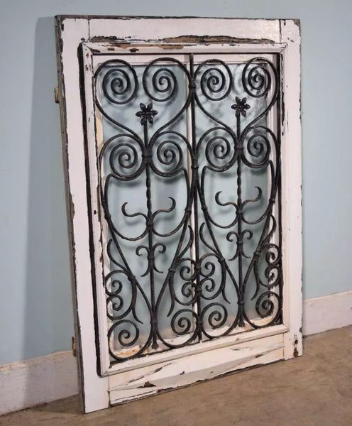 Antique French Solid Wood Window with Iron Grille and Hinged Window Salvage