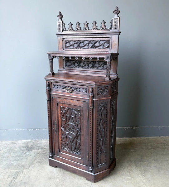 Antique French Gothic Revival Cabinet/Console/Sideboard,Highly Carved Oak