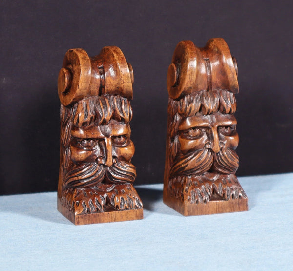 Pair of 3" Tall French Antique Highly Carved Heads in Solid Walnut Wood Trim