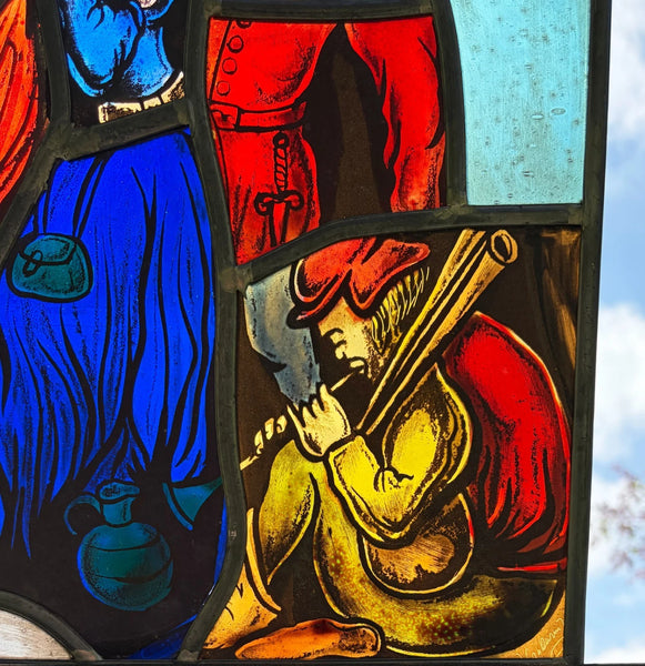 15" Tall Vintage Belgian/Flanders Stained/Leaded Glass Panel of Thyl and Nele