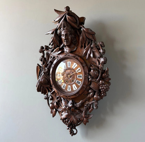 XL Antique French Renaissance Solid Oak Wood Highly Carved Clock Harvest Theme