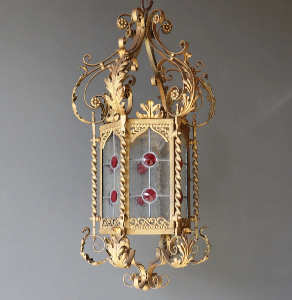 36" Tall XL French Antique Iron and Stained Glass Hanging Chandelier/Lamp