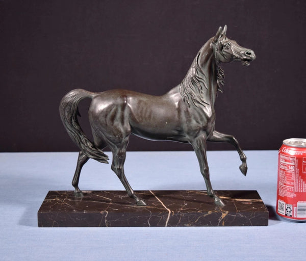 12" Tall Antique French Spelter Life Like Horse Statue with Black Marble Base