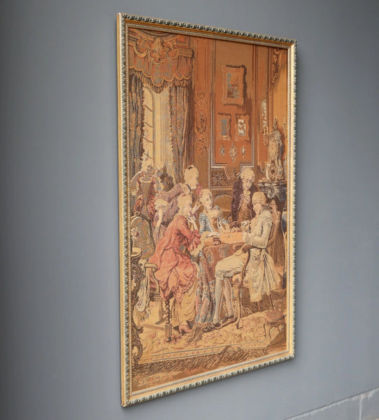 61" Tall Framed Vintage Belgian Tapestry Signed "Doutreligne" Card Players