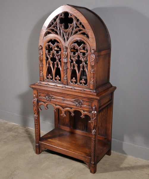 70" Tall Antique French Gothic Revival Oak Wood Cabinet/Liquor/Wine/Bar Cabinet