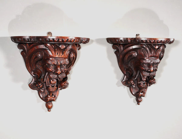 Pair of Large French Antique Lion Wall Sconces/Shelves in Solid Oak and Chestnut