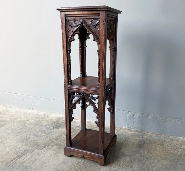 43" Tall Antique Gothic French Highly Carved Nightstand/End Table Walnut Wood