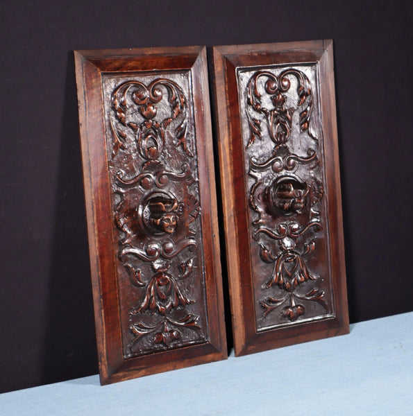 Pair of Antique French Solid Walnut Wood Highly Carved Panels with Faces