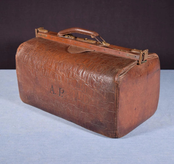 Antique French Leather Bag/Satchel with A.P. Monogram Doctor's Bag