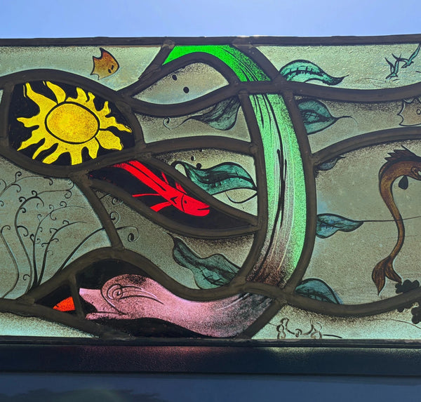 Vintage Dutch Stained/Leaded Glass Panel by Lea Steppe Sea Life Themed