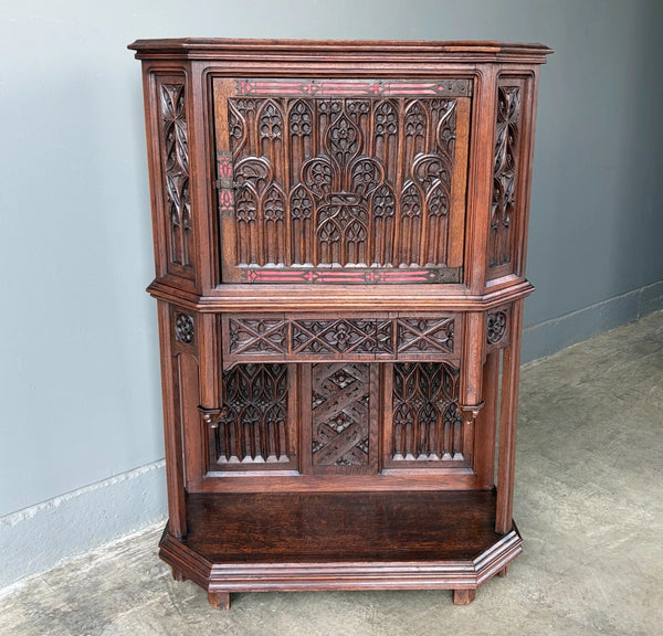 Antique French Gothic Revival Cabinet/Console/Sideboard,Highly Carved Oak Wood