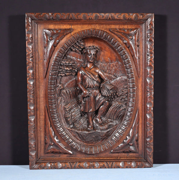 24" Tall Antique French Solid Oak Panel Highly Carved Harvest Theme w/Woman