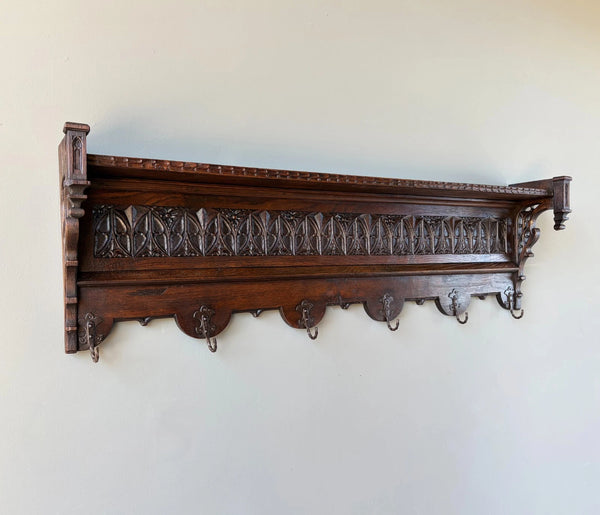 52" Antique Gothic French Solid Oak Coat Rack Hall Tree Wood Shelf w/Iron Hooks