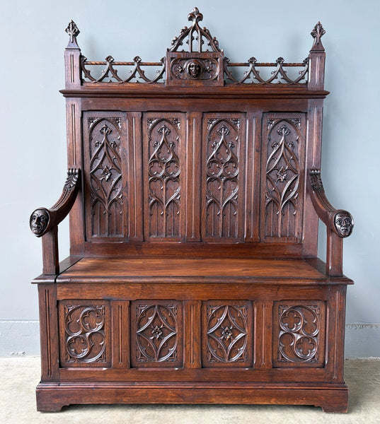 Antique French Gothic Revival Oak Wood Bench/Settee/Chair Highly Carved