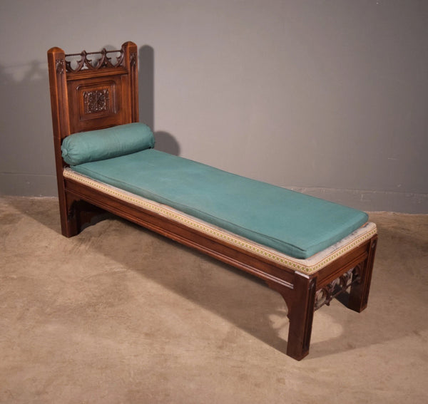 74" Long French Antique Neo Gothic Day Bed Solid Walnut with Green Silk Cushions