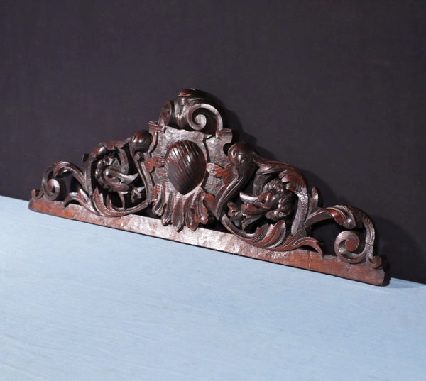 32" Wide Antique French Solid Oak Wood Highly Carved Detailed Crest