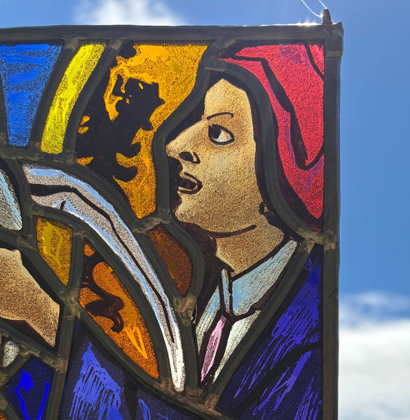 7" Tall Vintage Belgian Stained/Leaded Glass Panel Of Albrecht Rodenbach