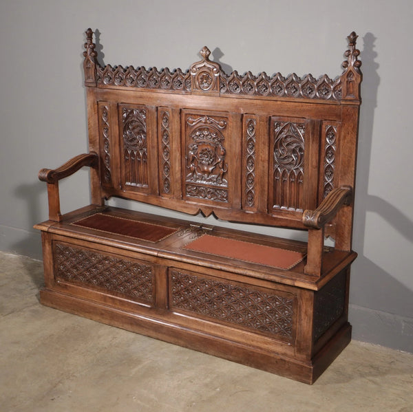 Antique French Gothic Revival Walnut Wood Bench/Settee/Chair Highly Carved
