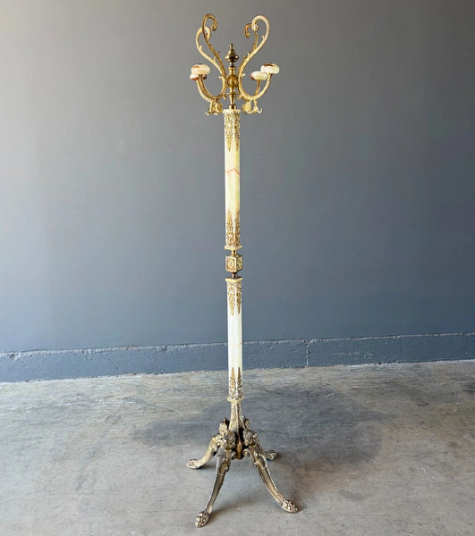 68" Tall Ornate Vintage Brass & Onyx Marble Coat/Hat Rack Hall Tree/Stand