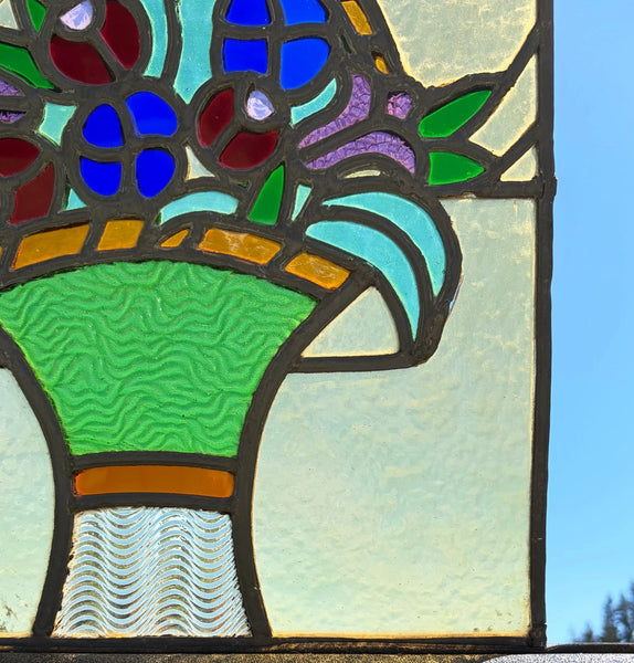 15" Tall Antique French Art Deco Stained/Leaded Glass Panel of Flowers