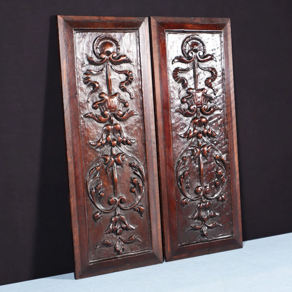 21" Tall Pair of Antique French Solid Walnut Wood Highly Carved Panels