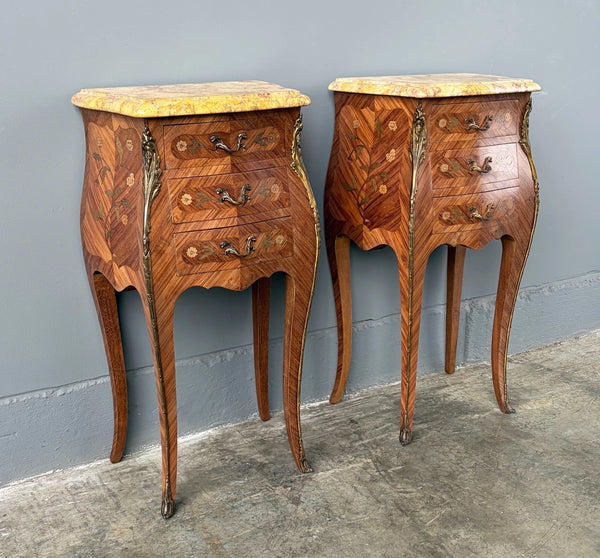 Pair of 30" Tall Antique French Louis XV Inlayed Nightstands with Marble Tops