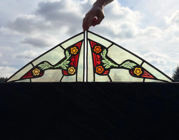 9" Tall Antique Pair of Belgian Stained/Leaded Glass Panels by B. Bardenhewer