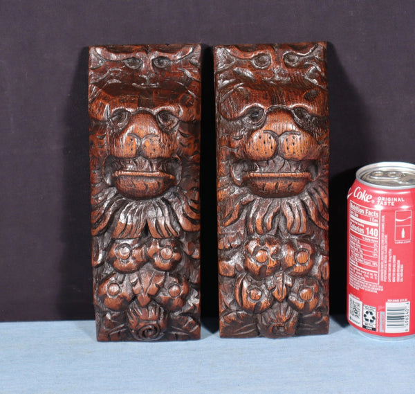 Pair of 8" French Antique Highly Carved Lion Corbels/Trim/Brackets Solid Oak