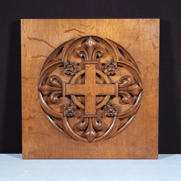 Antique French Gothic Revival Panel Carved Solid Oak Wood Salvage Christian