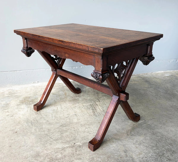 Antique French Gothic Desk/Library Table in Chestnut/Walnut Wood with Drawer