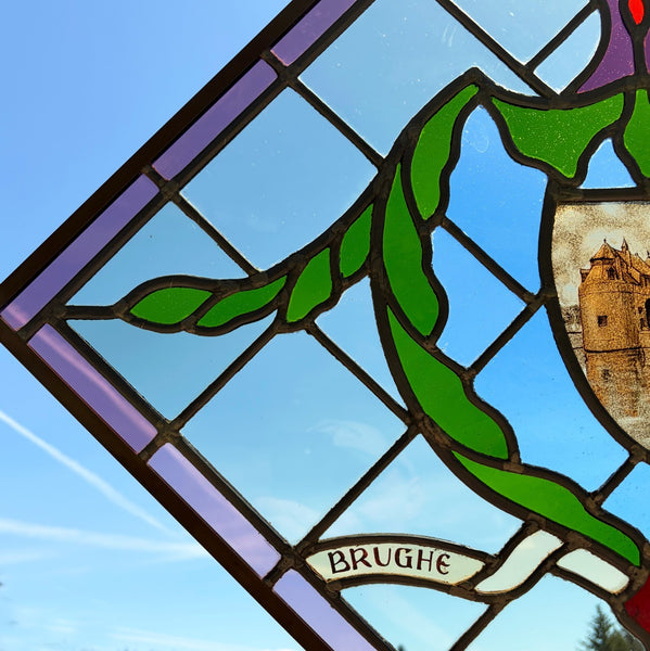 31" Tall Vintage Belgian/Flanders Stained/Leaded Glass Panel of Bruges Belgium