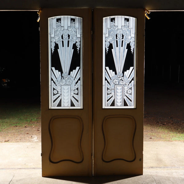 Pair of French Art Deco Etched Glass Doors Frosted Glass with Pine Frames