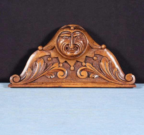 9" Wide French Antique Solid Walnut Wood Highly Carved Crest w/Jester