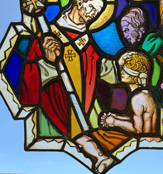 16" Tall Vintage Belgian Stained/Leaded Glass Panel of a Saint Healing the Blind