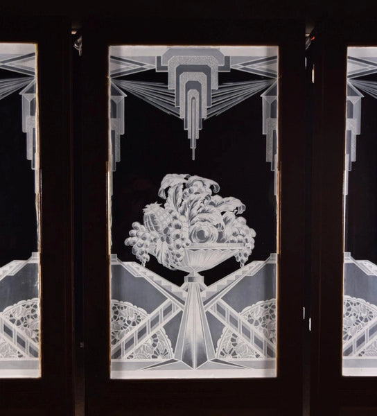 Set Antique French Art Deco Etched Glass Doors Frosted Glass with Pine Frames