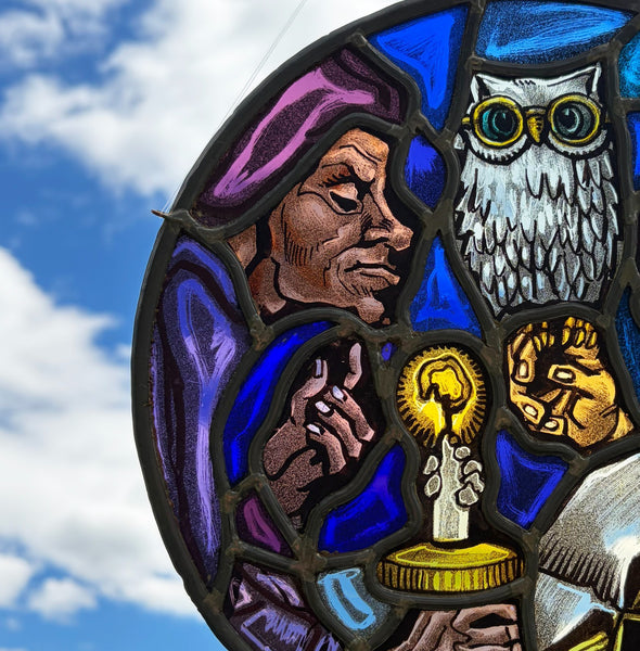 11" Round Vintage Belgian Stained/Leaded Glass Panel with an Owl and Figures