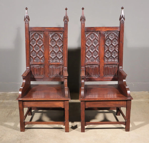 Large Pair of Antique Gothic Arm/Throne Chairs Solid Chestnut Hand Carved Wood