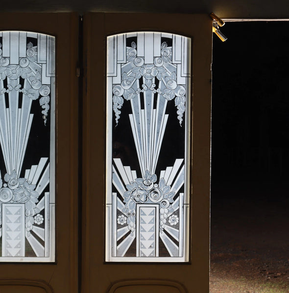 Pair of French Art Deco Etched Glass Doors Frosted Glass with Pine Frames
