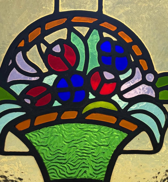 15" Tall Antique French Art Deco Stained/Leaded Glass Panel of Flowers