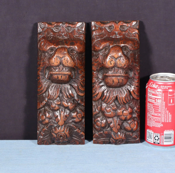 Pair of 8" French Antique Highly Carved Lion Corbels/Trim/Brackets Solid Oak