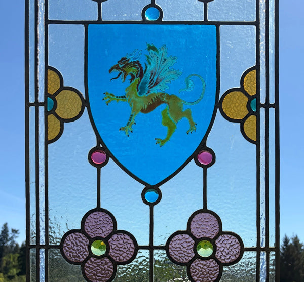 38" Tall Antique French Stained/Leaded Glass Panel w/Griffin and Uranium Glass